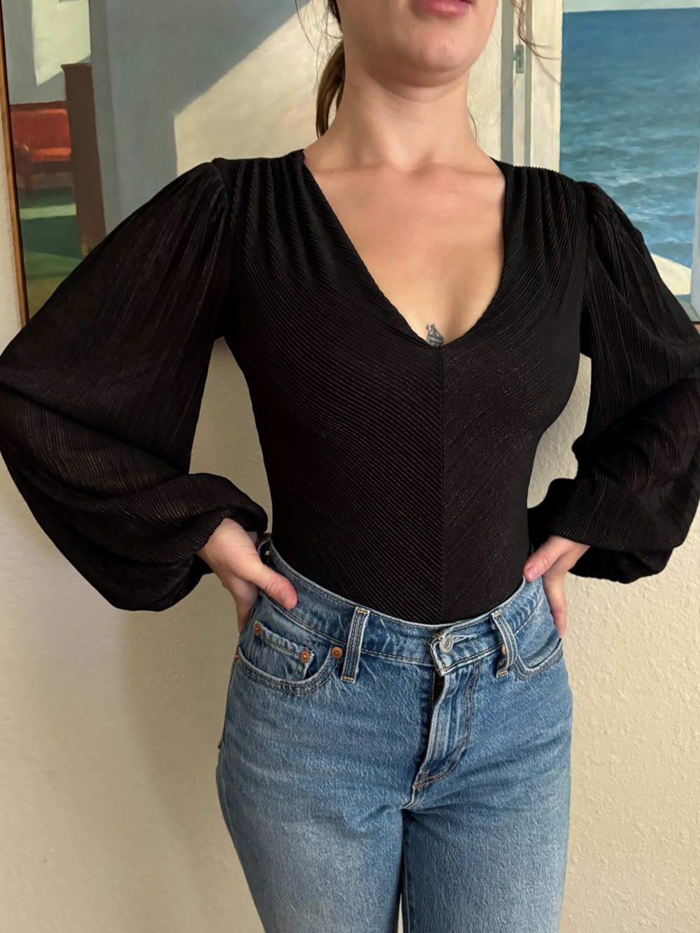 Express Black V-Neck Long Sleeve Women's Bodysuit